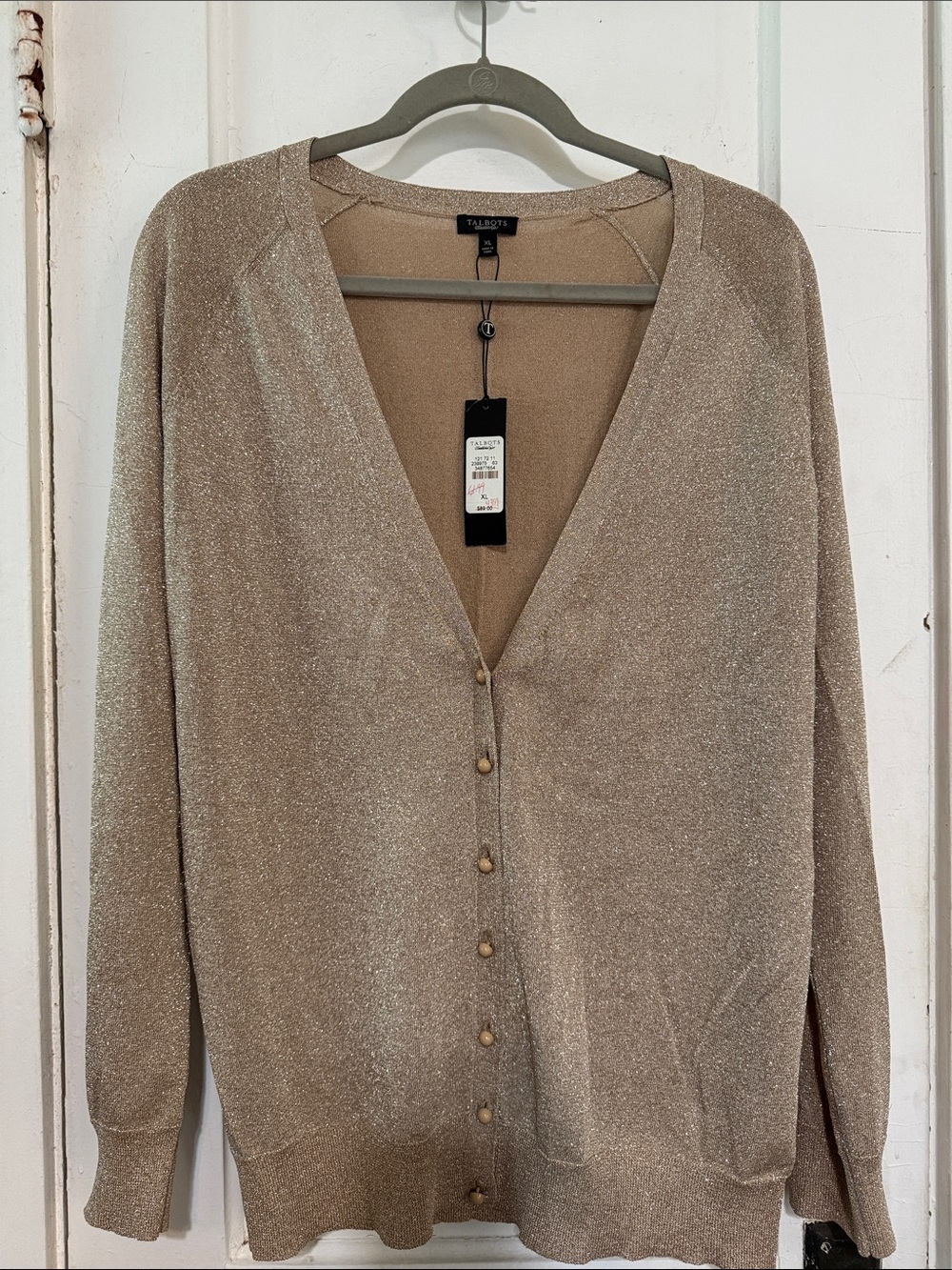 Talbots Shimmery Taupe V-Neck Button Cardigan